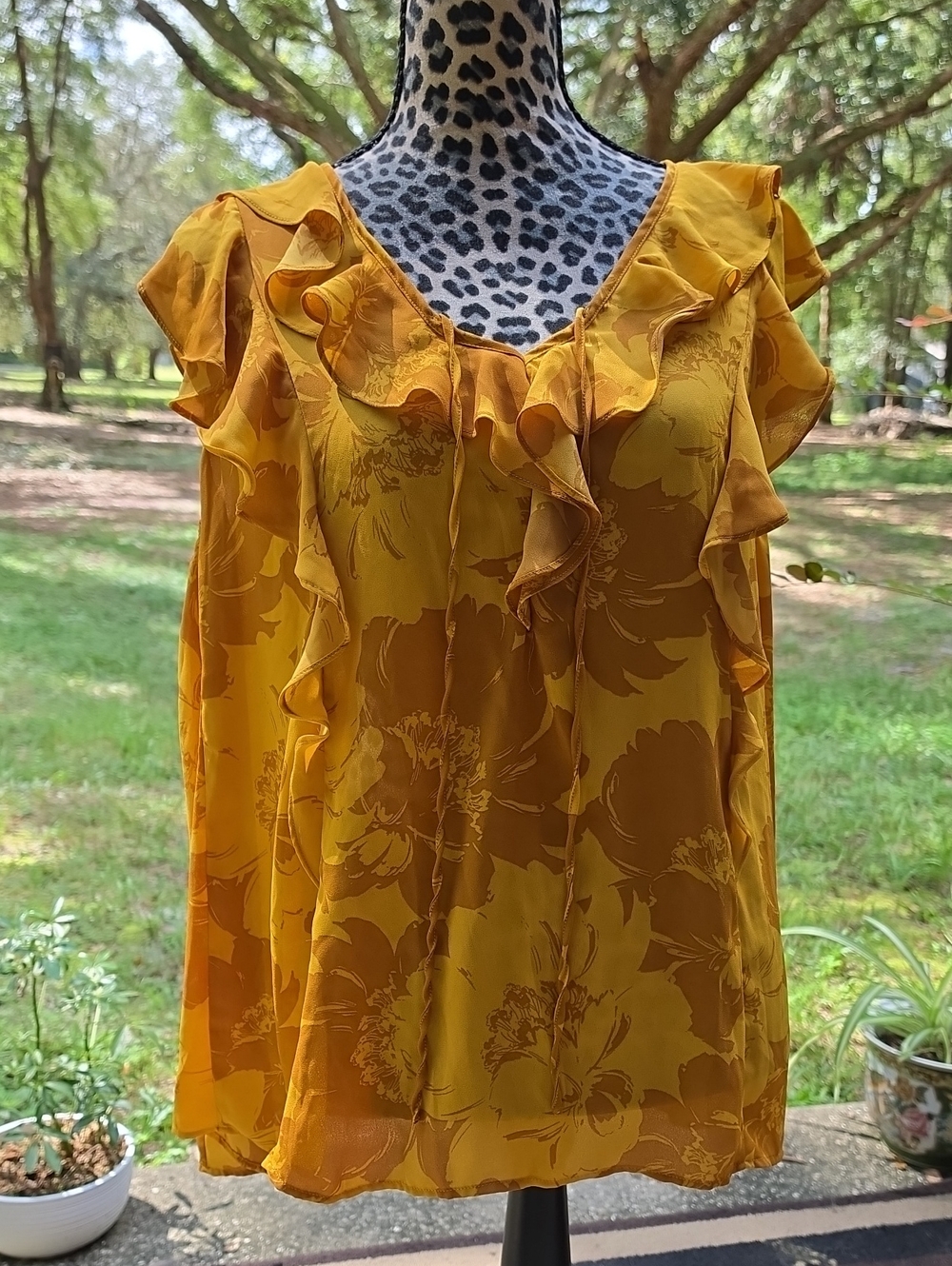 Worthington Mustard Floral Ruffle V-Neck Blouse